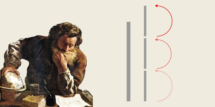 Archimedes ponders the principle named afer him, where a smaller quantity, if repeated enough, will exceed an initially larger quantity