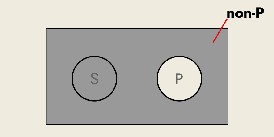 Euler diagram of proposition E: showing the region that is not P (non-P) shaded.