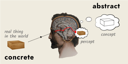 a disembodied man's head looks at a wooden block and forms the concept of a block in his mind
