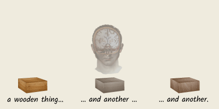 disembodied man’s head observing three wooden blocks, each different type of wood